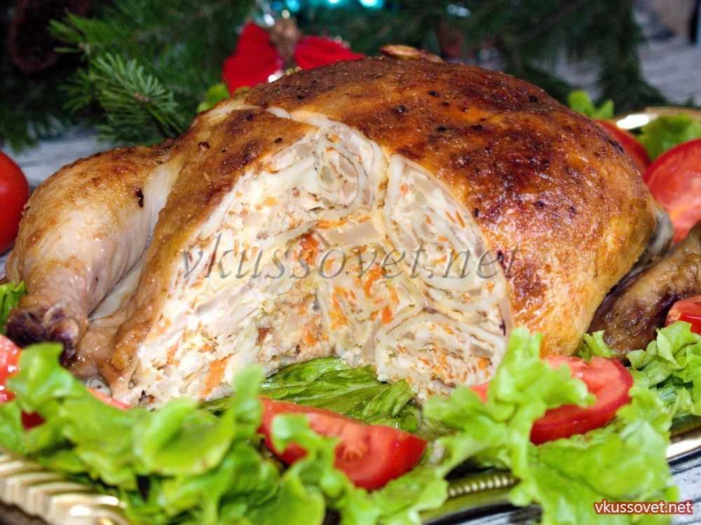 Курица, фаршированная блинами