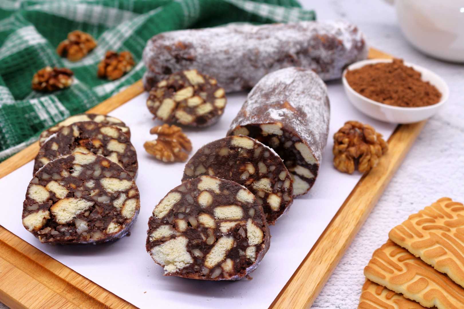 Самый вкусный рецепт колбаски шоколадной из печенья и какао